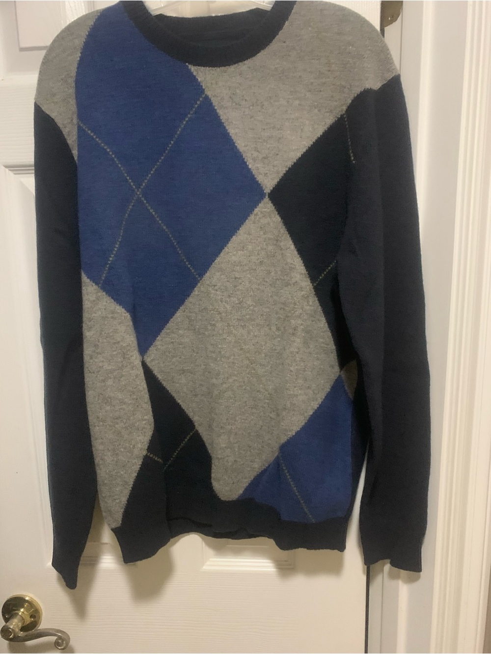 Express Vintage Men's Navy and Gray Lambs Wool Crewneck Sweater